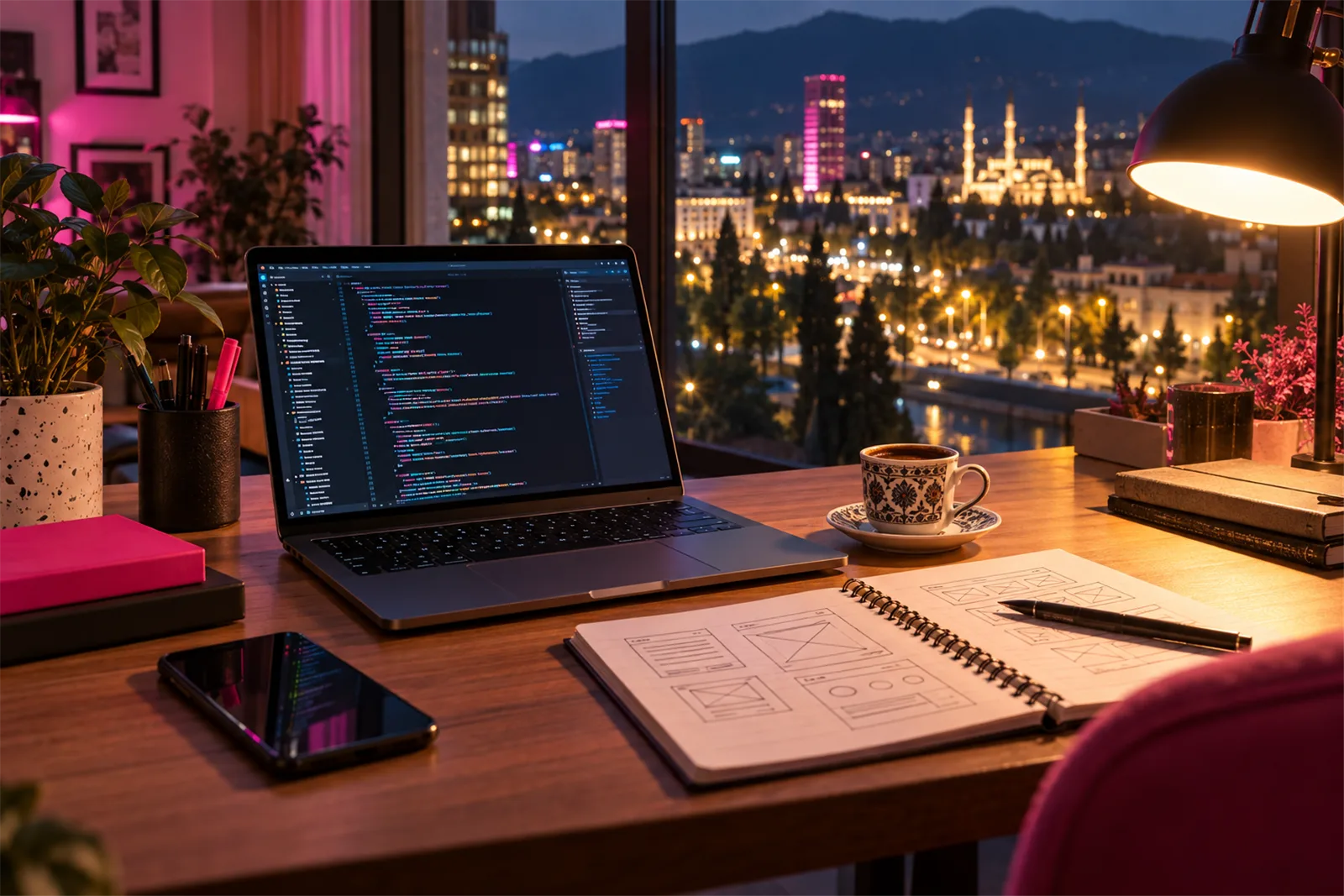 Tavolina e studios DashCode natën — laptop me editor kodi, skica wireframe dhe kafe