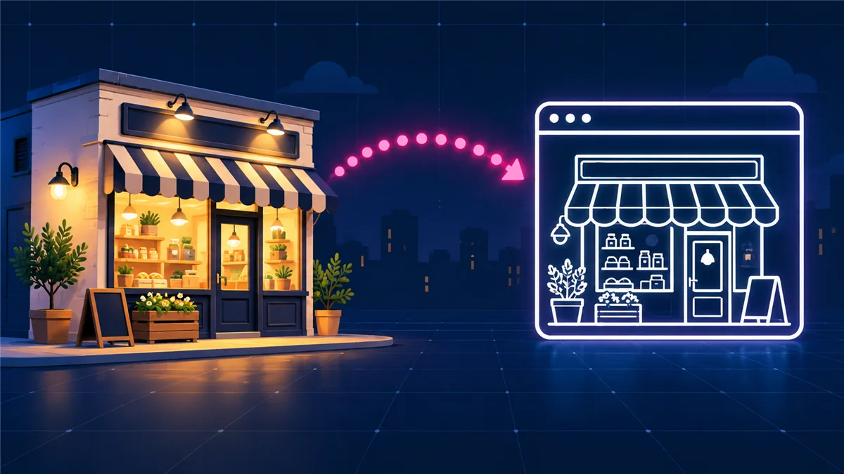 Cover art for the post — a closed storefront reappearing as a browser window, connected by a pink dotted line